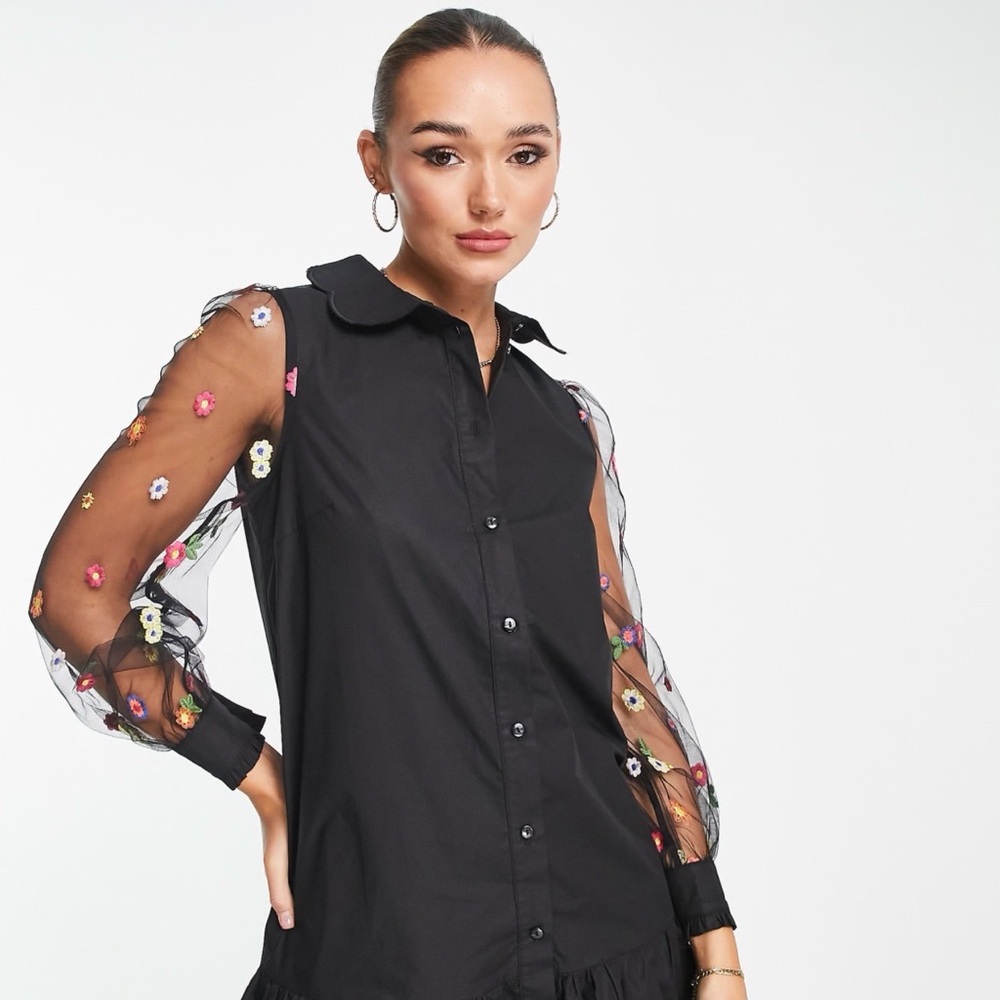 Never Fully Dressed Sheer Sleeve Floral Embroidered Top